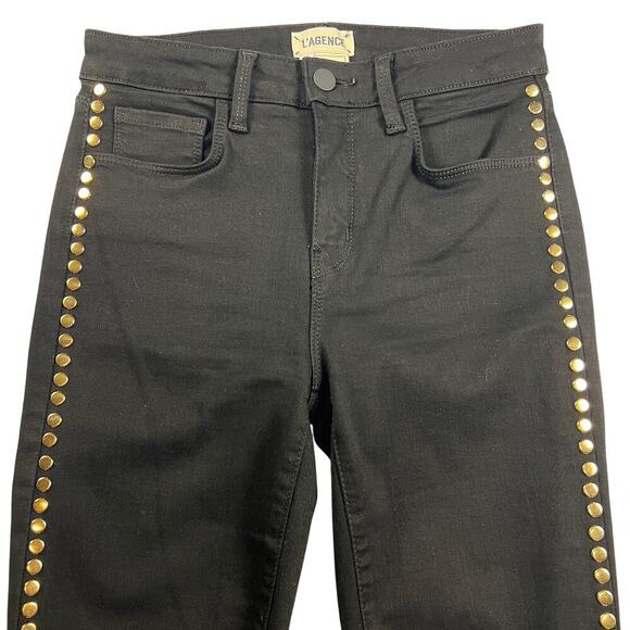 L'Agence Margot Skinny High Rise Gold Studded Stretch Jeans Noir Black Size 26 - Picture 2 of 12